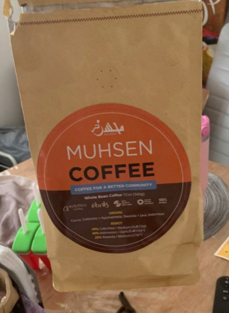 Muhsen Coffee bag on a table with a textured mat underneath